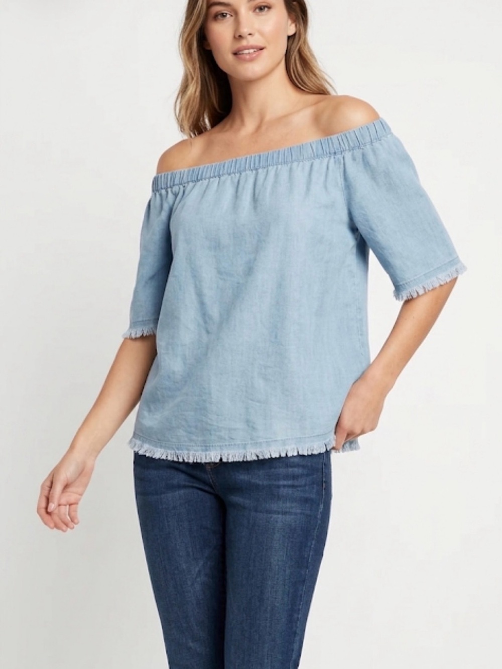 Melrose and Market Nordstrom Chambray Blouse Blue Fringe Size S - Picture 8 of 8